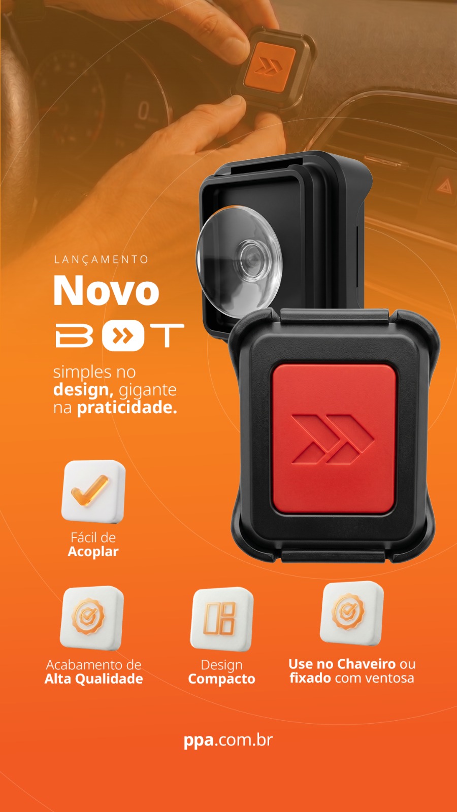 Flyer do Novo B>>T da PPA — controle compacto para chaveiro ou fixação com ventosa